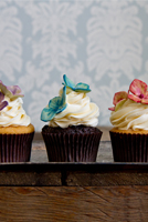 Buttercream swirl cupcakes with hydrangea.