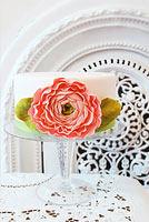 Pale pink cake with pink ranunculus flower.